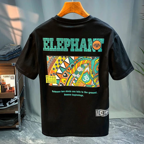 Premium Elephant Graphics Printed Tee with colorful elephant design and O-Neck collar.